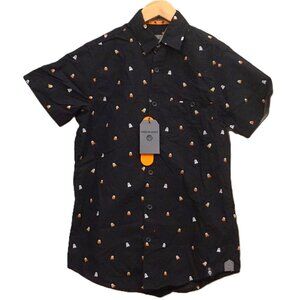 Free Planet Black w/ Ghosts & Candy Corn Button Up Short Sleeve Shirt Mens Small